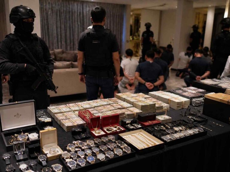 Table full of cash, jewelry boxes, and watches as armed officers in tactical gear guard a valuables display; detainees kneel in the background.