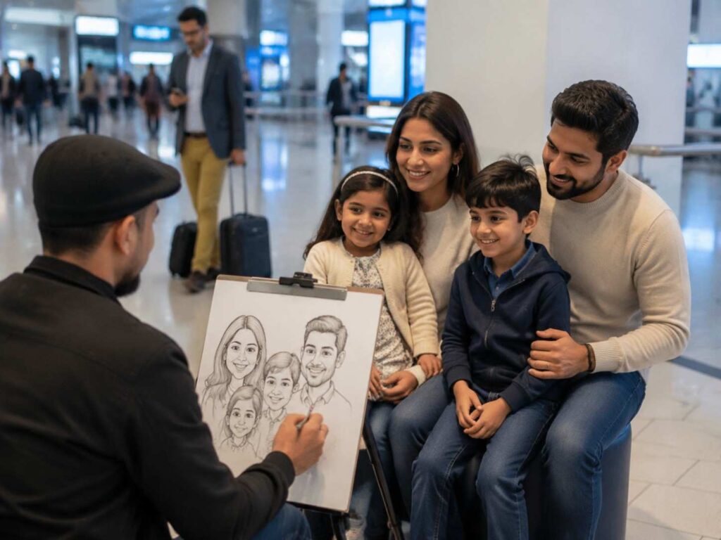 Caricature artist draws a smiling family of four seated in an airport terminal while waiting, with the parents and two children posing for the portrait.