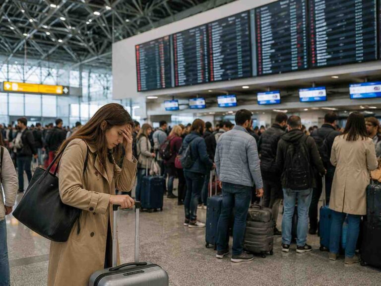Woman in a beige trench coat stands with a suitcase, hand on forehead, amid a crowded airport check-in area with flight boards above.