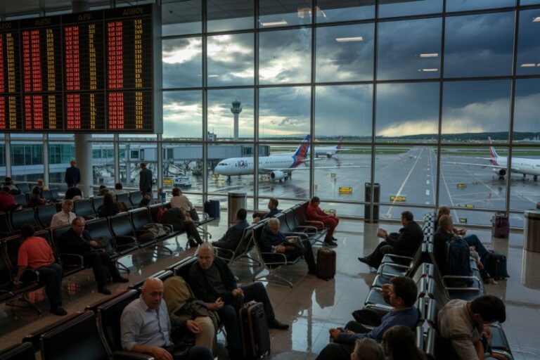 Inside an airport terminal, travelers sit in rows of chairs while large windows overlook the runway with parked planes outside.