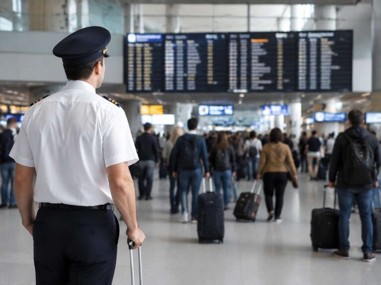 Pilot in uniform standing with rolling suitcase in a busy airport concourse with departure boards overhead.