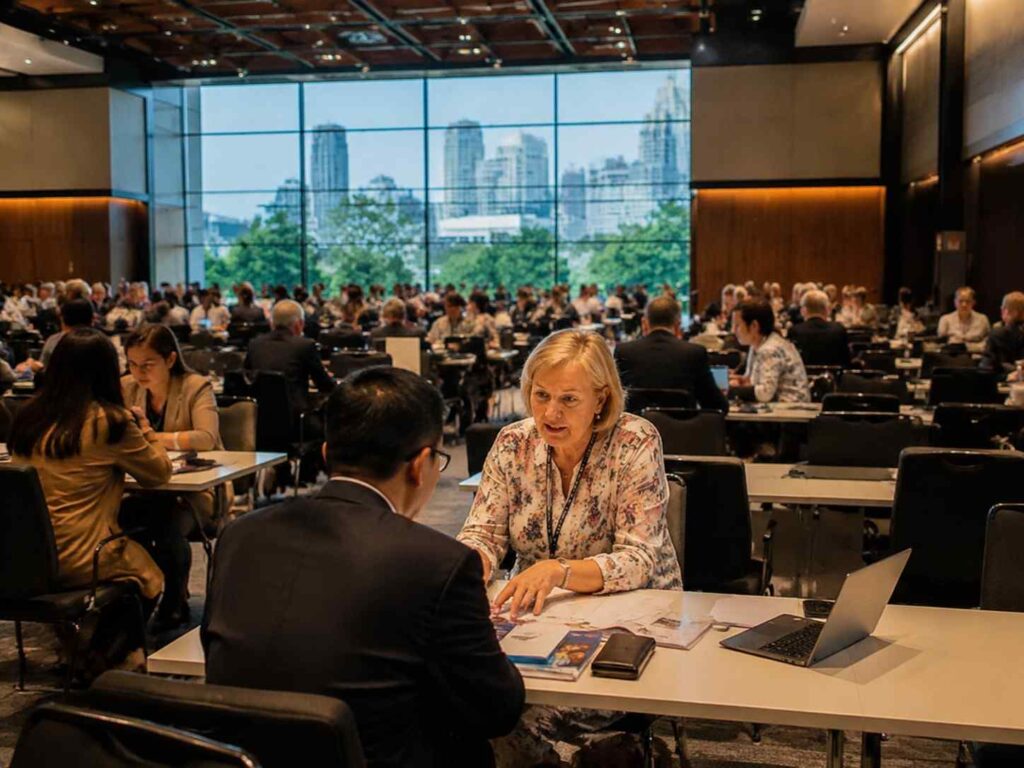 Two professionals shake hands across a table in a busy conference hall, with a city skyline visible through a large windowed wall in the background.
