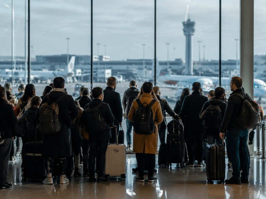 Crowd of travelers with backpacks and rolling suitcases at an airport terminal, looking through glass at planes on the tarmac outside.