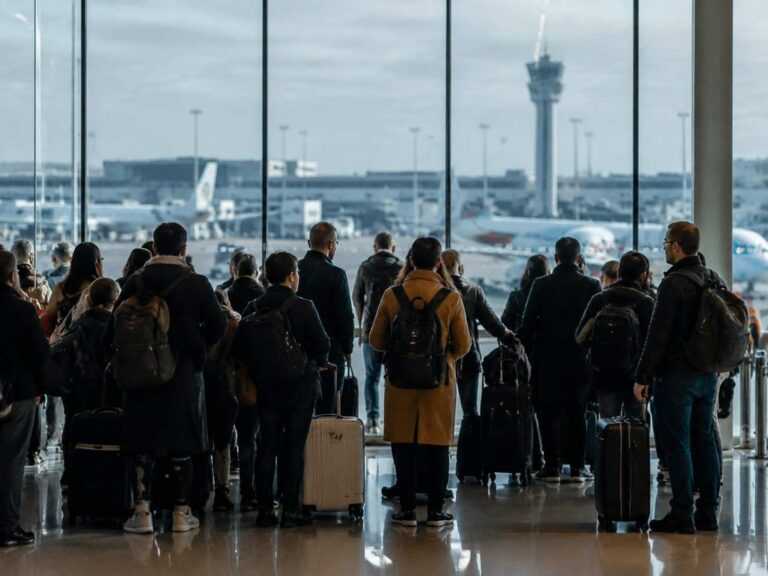 Crowd of travelers with backpacks and rolling suitcases at an airport terminal, looking through glass at planes on the tarmac outside.