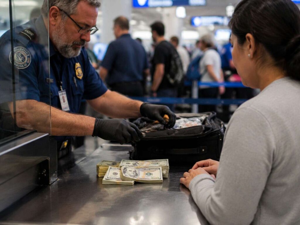 Airport security officer wearing gloves inspects a suitcase on the screening belt while a passenger watches; bundles of cash are placed on the counter nearby.