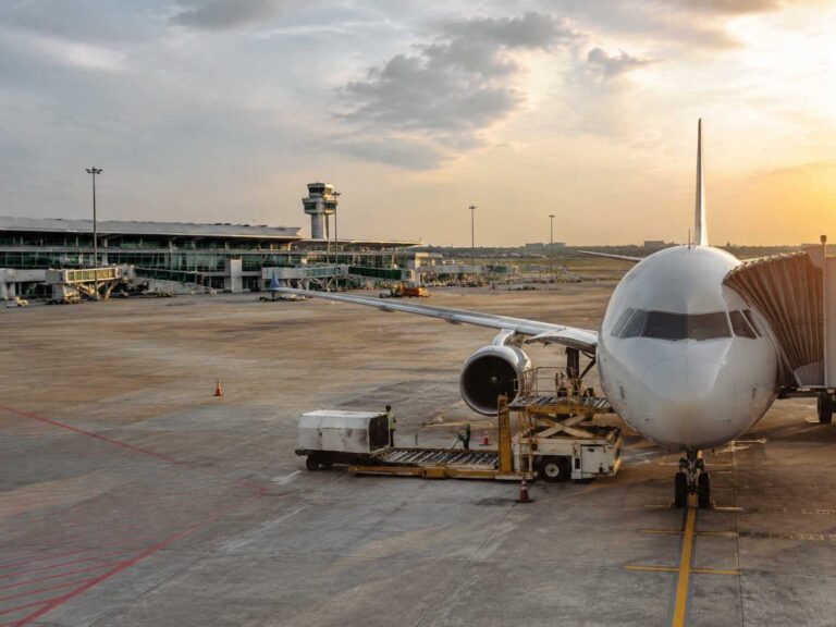 Airplane parked at a gate with a jet bridge, ground crew and luggage carts on the tarmac at sunset.