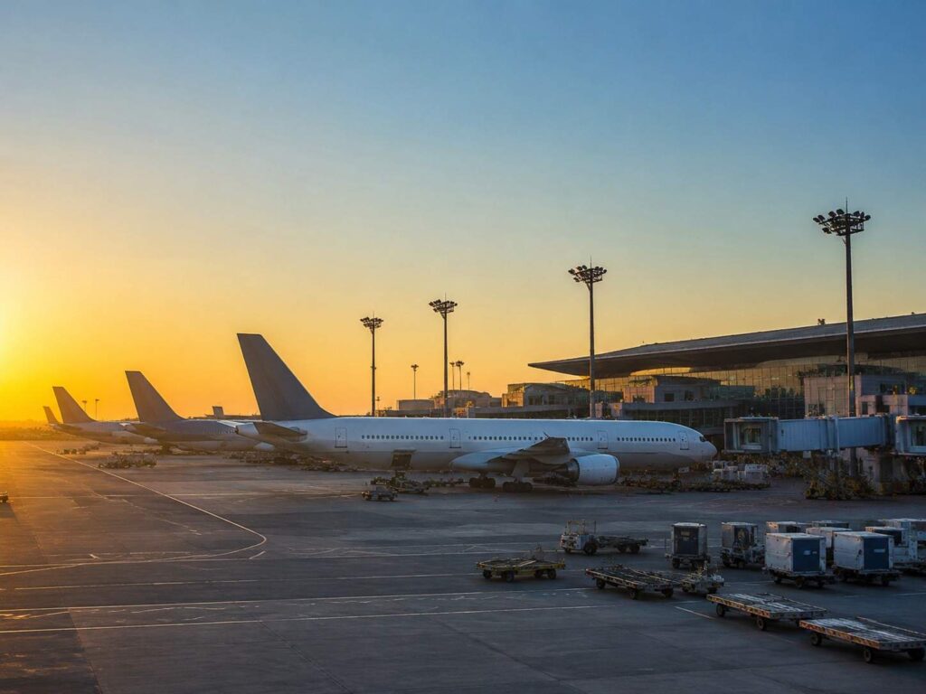 Row of parked airplanes at an airport gate during sunset, with jet bridges and ground support equipment.