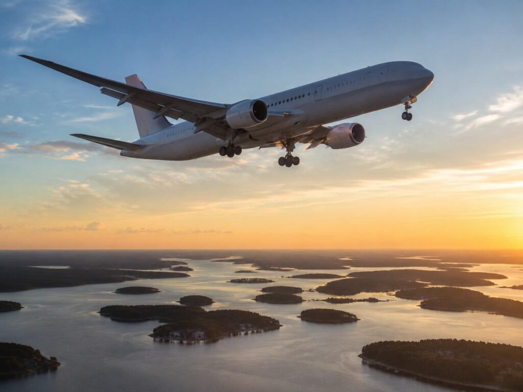 Passenger jet in flight with landing gear down, flying over a mosaic of lakes and small islands at sunset
