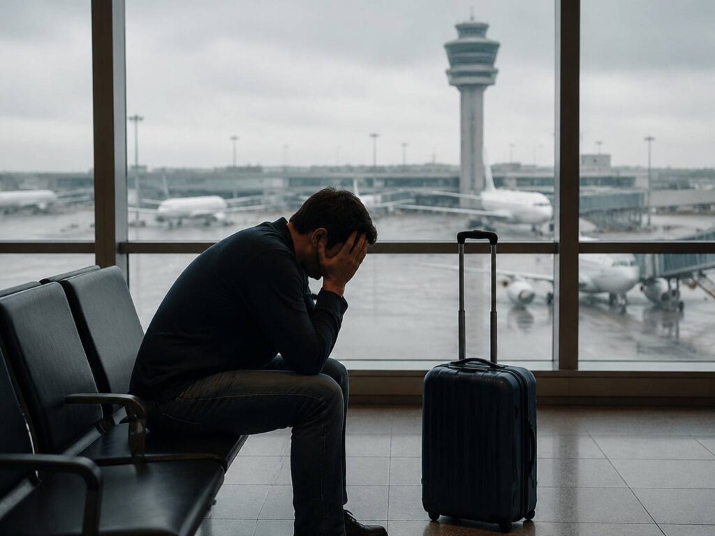 Man seated in an airport terminal, head in hands, with a blue suitcase beside him, looking stressed as planes sit outside the window.