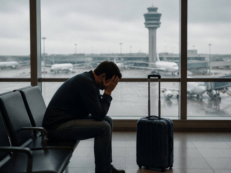 Man seated in an airport terminal, head in hands, with a blue suitcase beside him, looking stressed as planes sit outside the window.