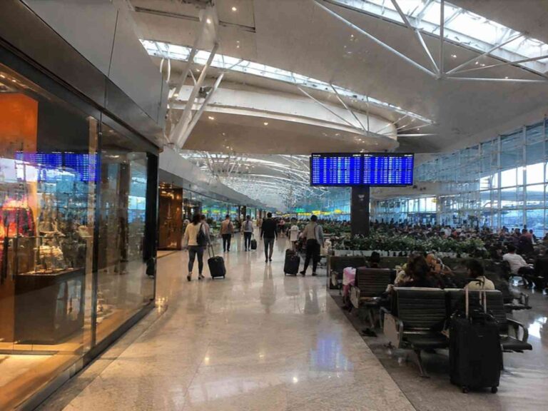 Airport terminal corridor with a blue flight information display overhead, passengers walking with luggage and seating area to the right while shops line the left.