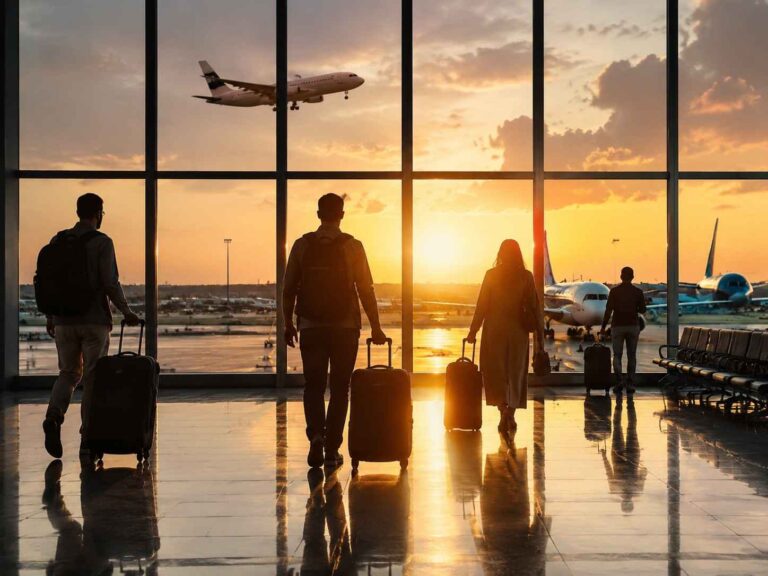 Silhouetted travelers with rolling suitcases walk toward a large window at sunset, airport tarmac and planes visible outside.