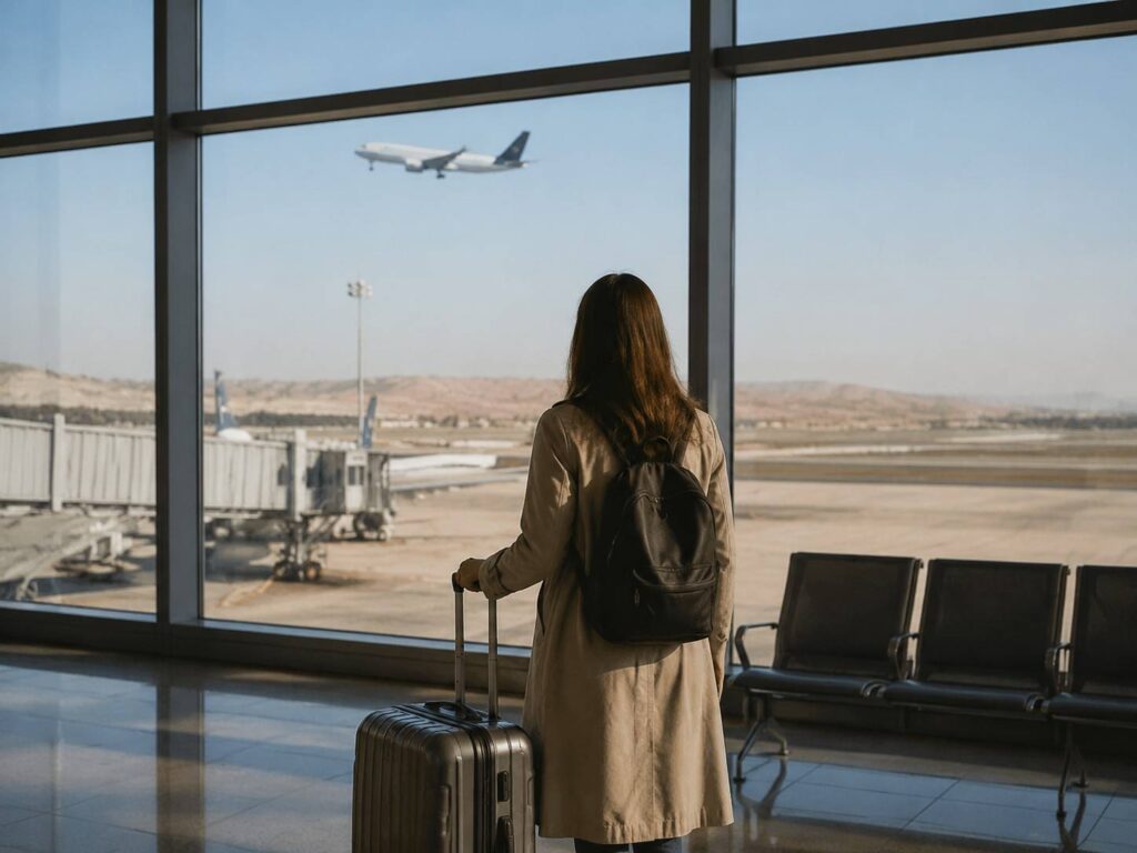 Woman stands with a suitcase and backpack at the airport gate, watching a plane take off through large windows.