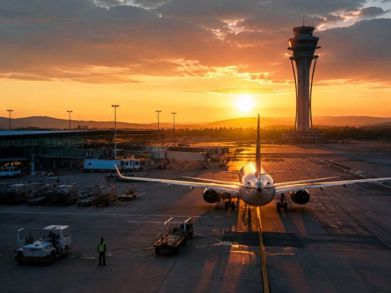 Airplane parked on the runway at sunset with a control tower in the distance and airport activity around it.