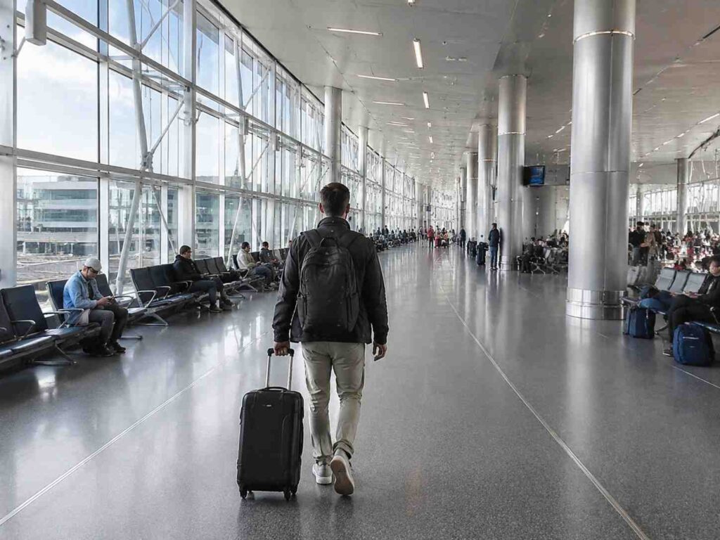 Man with a backpack pulls a rolling suitcase through a bright, modern airport concourse lined with windows and seating along the walls.