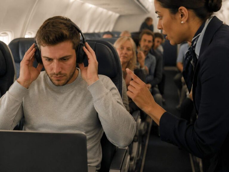 Flight attendant talks to a seated passenger wearing headphones on a plane, with other passengers in the background.