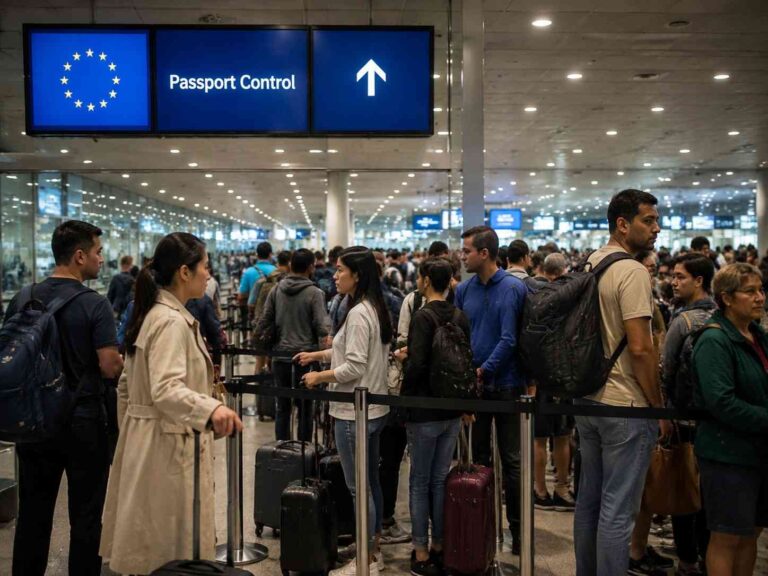 Crowded airport passport control area with travelers and rolling suitcases lined up behind stanchions under a Passport Control sign with the EU circle logo.