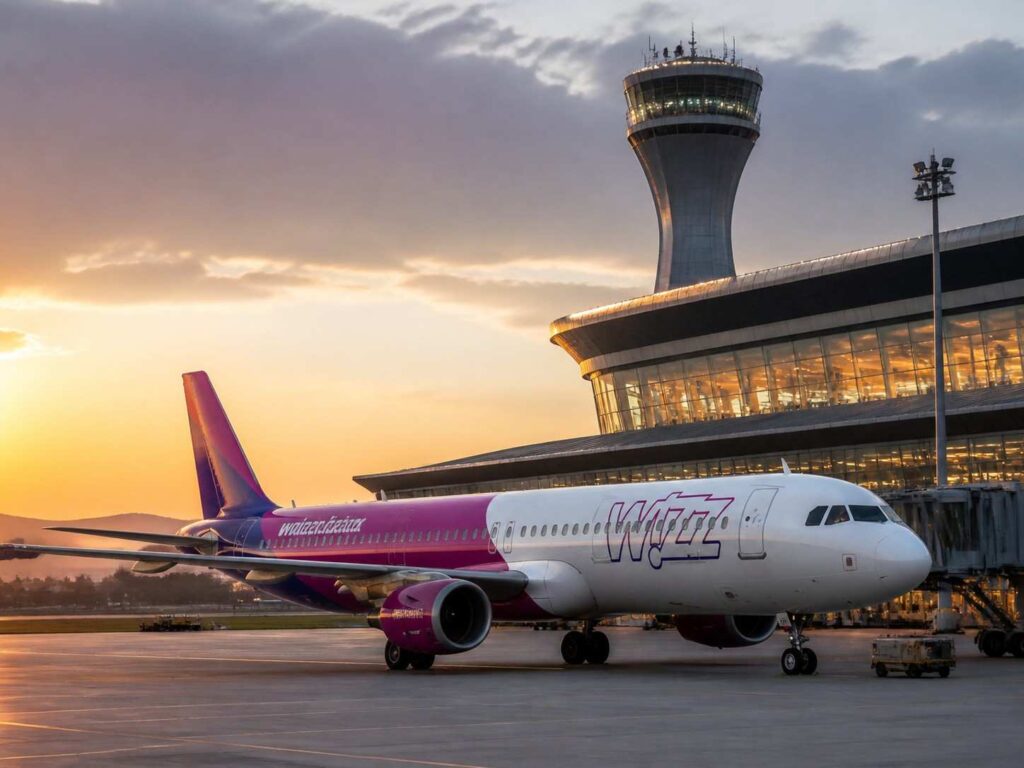 Pink and white passenger jet parked at gate during sunset with control tower in background and boarding bridge visible.