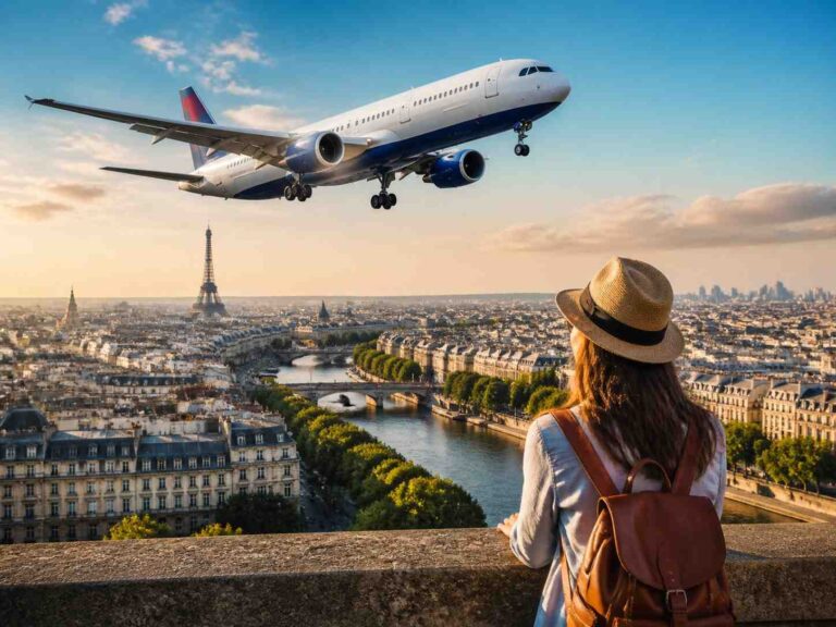 Woman with a backpack and hat overlooking Paris as a large plane flies overhead, with the Eiffel Tower in the distance.