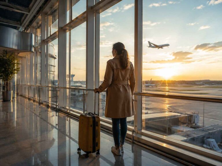 Woman in a tan trench coat with a yellow rolling suitcase standing at an airport gate, gazing at a plane taking off as the sunset lights the runway through large glass windows.