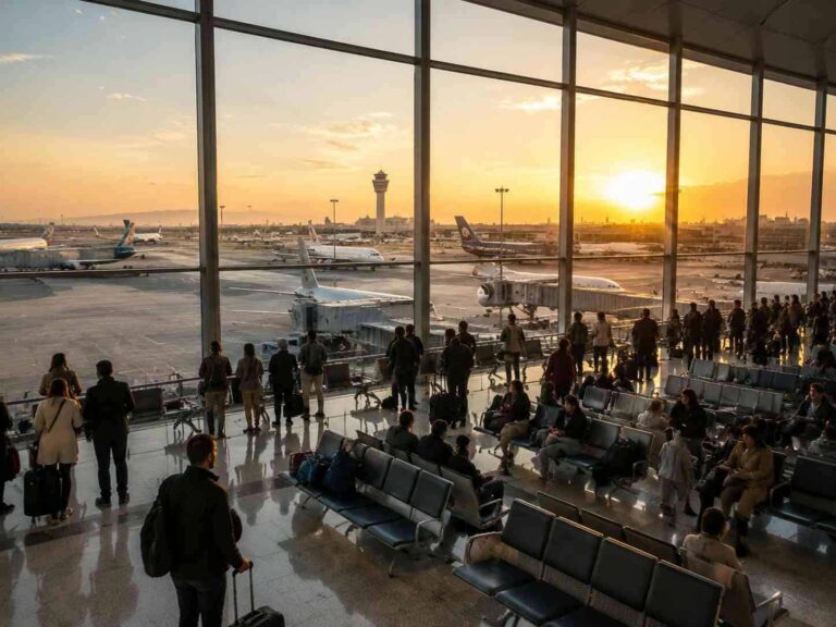 Airport terminal waiting area at sunset, with passengers seated and standing and planes on the tarmac outside the glass walls.