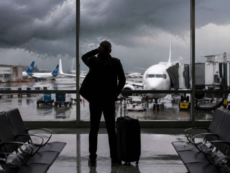 Silhouette of a man with a rolling suitcase at an airport window, watching stormy skies and planes on a wet tarmac.