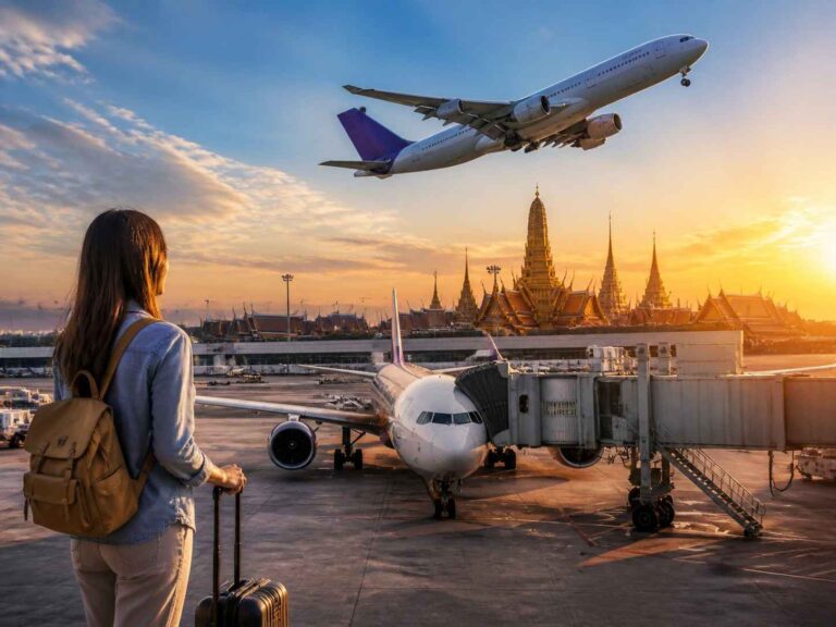 Traveler with a tan backpack and rolling suitcase stands at the gate, waiting to board a plane at sunset.