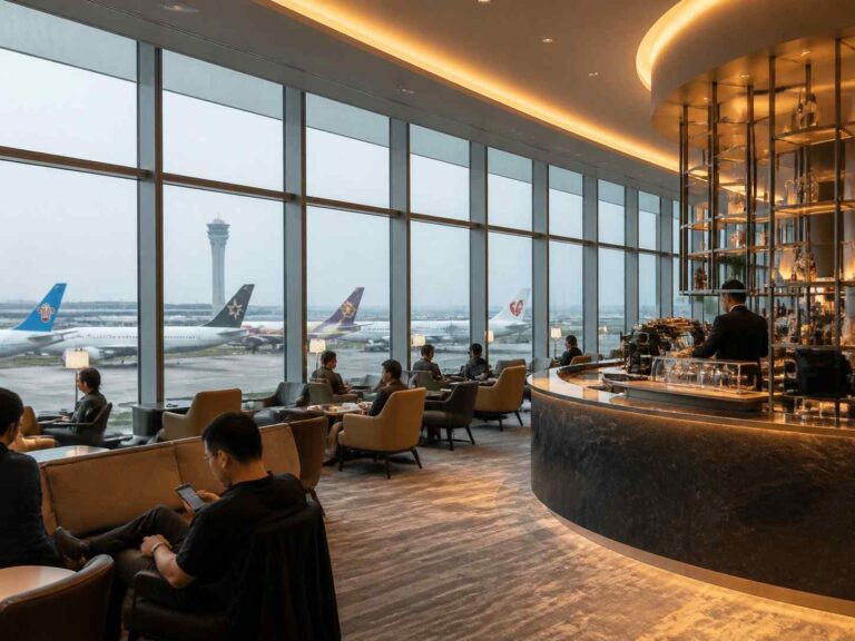 Airport lounge with floor-to-ceiling windows showing planes on the tarmac and a curved marble bar on the right; passengers sit and relax.