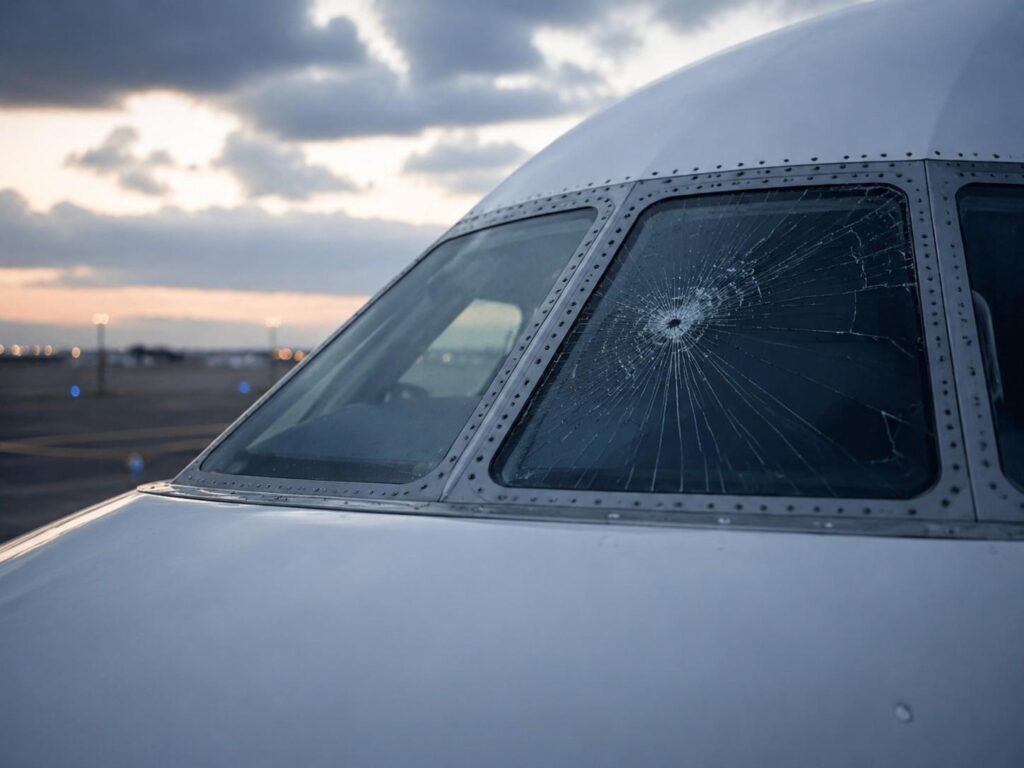 Close-up of a helicopter cockpit window with a cracked windshield at dusk.