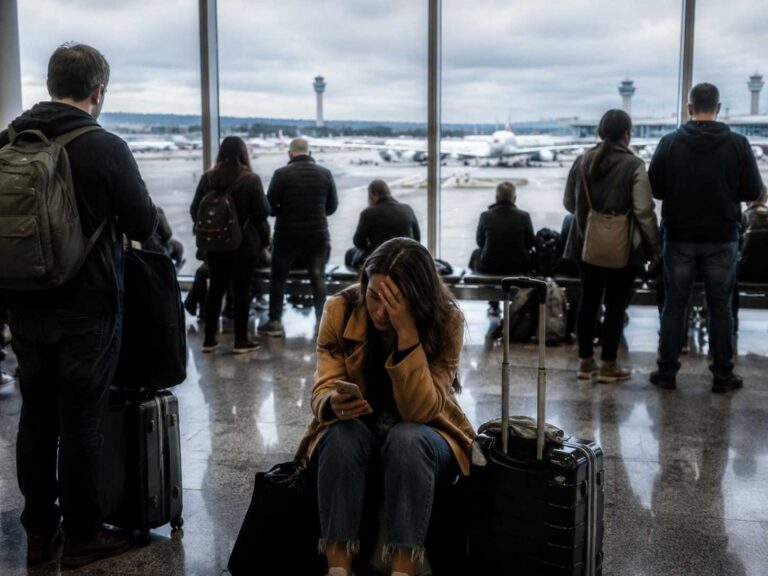 Woman sitting on a suitcase at an airport terminal, looking stressed as she checks her phone with one hand on her forehead; other travelers stand by windows watching planes outside.