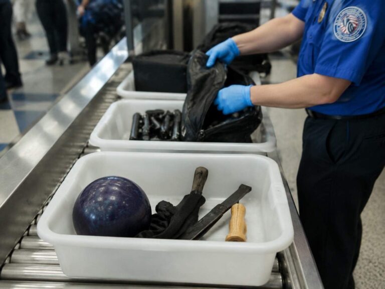 Airport security screening scene: a blue-uniform officer with gloves places items into a white bin on a conveyor, with a bowling ball and bladed tools visible in the bin