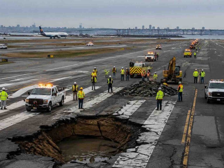 Large sinkhole on a runway with construction crews and emergency vehicles working around the edge; a plane in the distance.