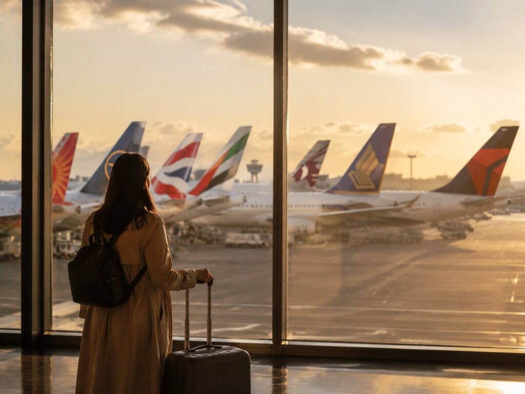 Traveler waiting at the gate with a rolling suitcase, looking out at parked airplanes with colorful tails during sunset fore airport activity einzelnen far horizon.