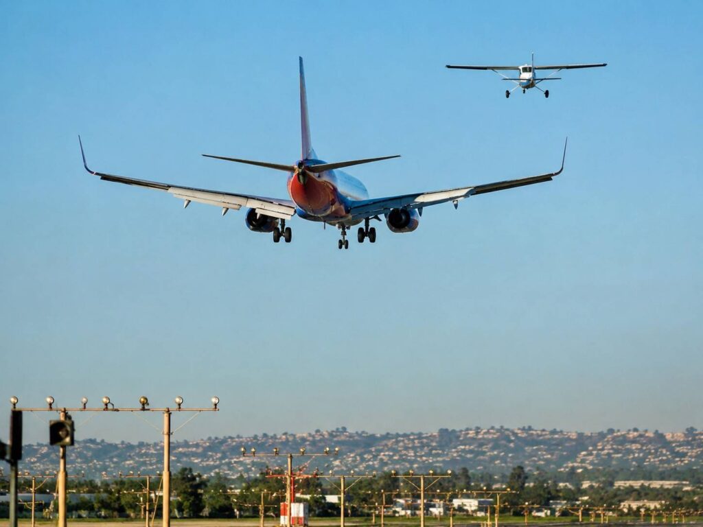 Large passenger jet on final approach for landing with landing gear down, approaching a runway; a small propeller plane is visible in the sky above/right.
