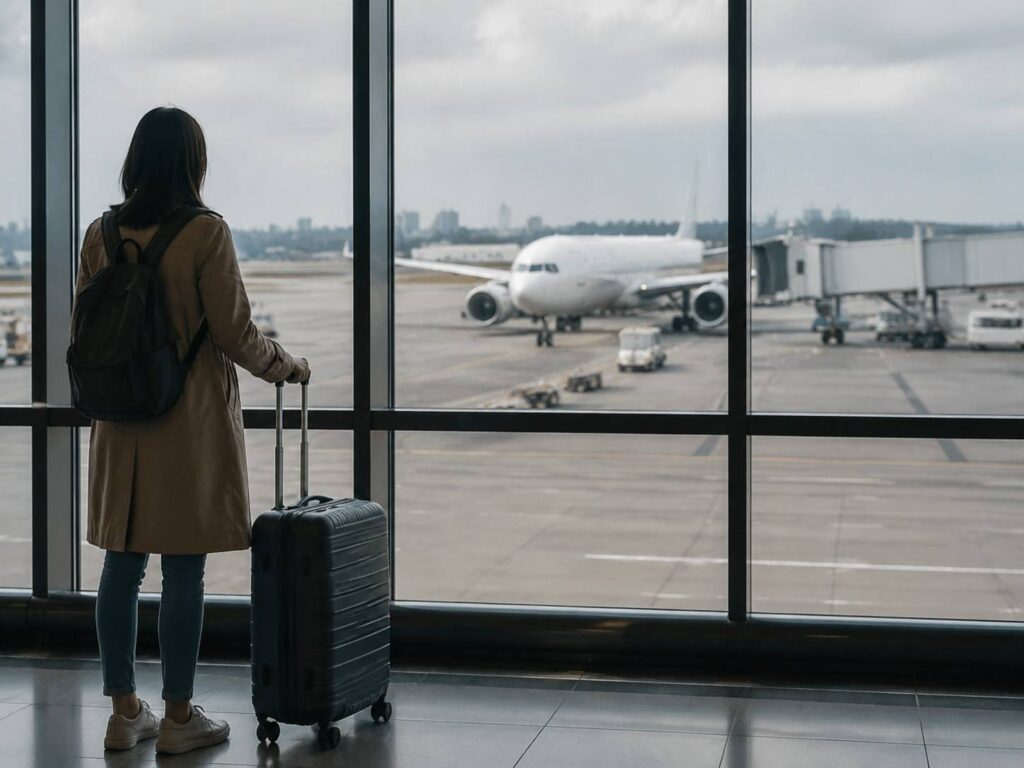 Traveler with a backpack and rolling suitcase stands at a window watching a parked airplane on the tarmac outside the gate edge, airport scene behind glass.