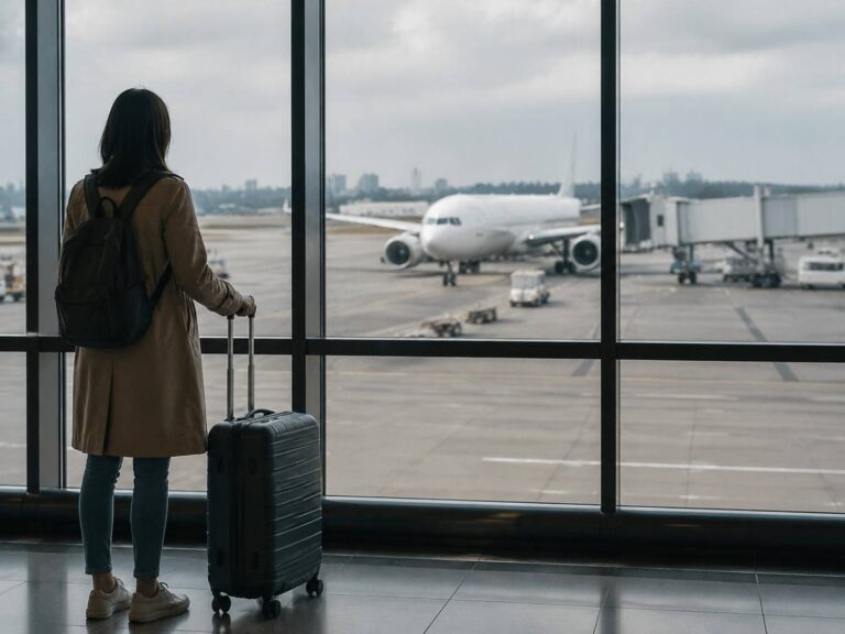 Traveler with a backpack and rolling suitcase stands at a window watching a parked airplane on the tarmac outside the gate edge, airport scene behind glass.