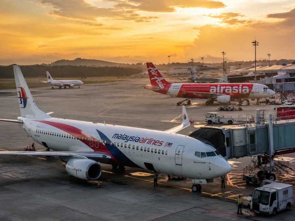 Sunset over a busy airport tarmac with a Malaysia Airlines jet at the gate and an AirAsia plane in the background.