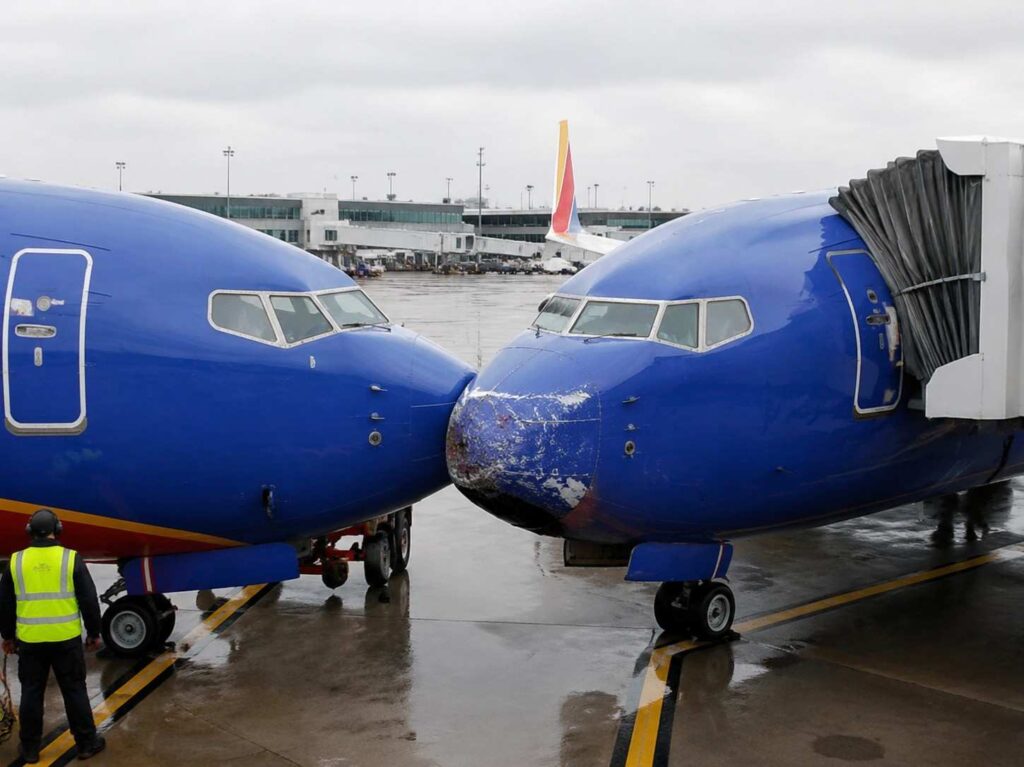 Two blue airplanes nose-to-nose at a rainy airport tarmac, with a jet bridge connected to the right plane