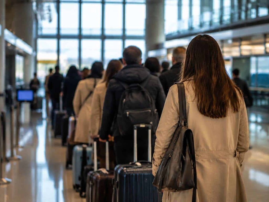 Traveler with long brown hair in a beige coat waiting in an airport security line, pulling a suitcase and carrying a bag as others queue ahead.
