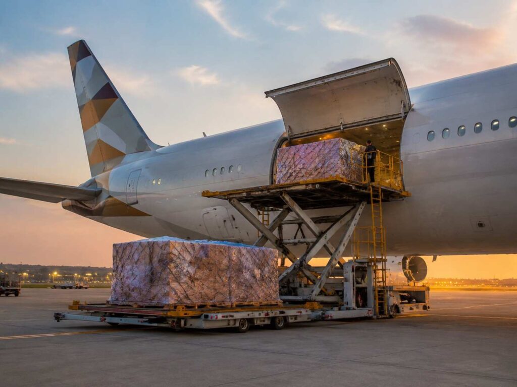 Cargo plane with open rear cargo door being loaded with large wrapped pallets on a raised platform at sunset.