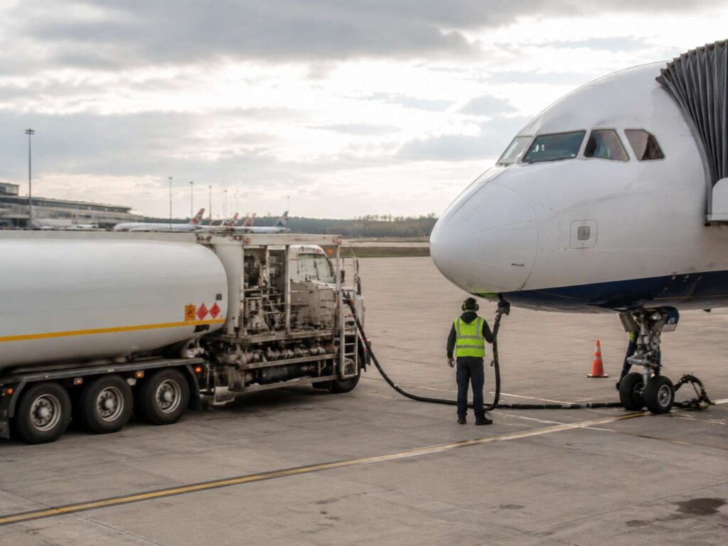 Ground crew member in a high-visibility vest connects a fueling hose to a white passenger jet at the airport tarmac, with a fuel truck nearby and an orange cone in the background.