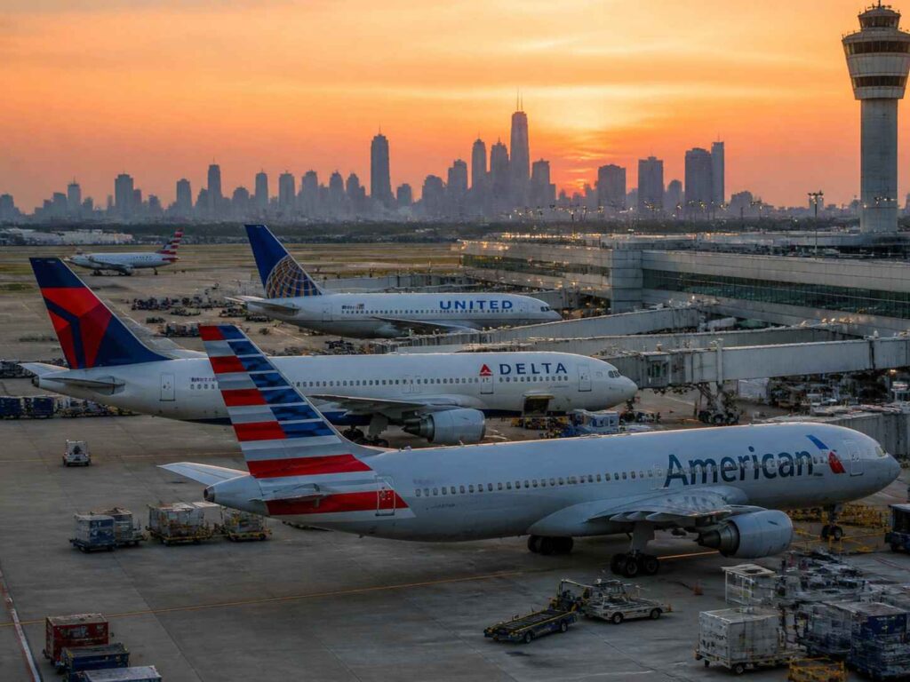 Sunset view of a busy airport tarmac with several airplanes, including American, Delta, and United, at their gates near a city skyline and control tower.