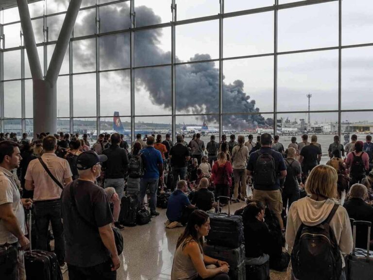 Crowded airport terminal with travelers standing and sitting, facing a smoke plume rising from a distant incident on the tarmac beyond a large glass wall.