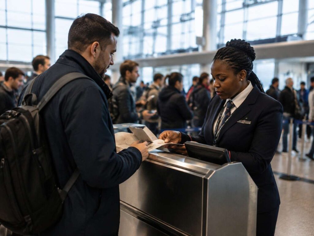 Airline staff member assists a male traveler at a check-in counter in a busy airport setting.”