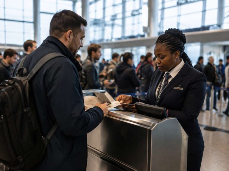 Airline staff member assists a male traveler at a check-in counter in a busy airport setting.”