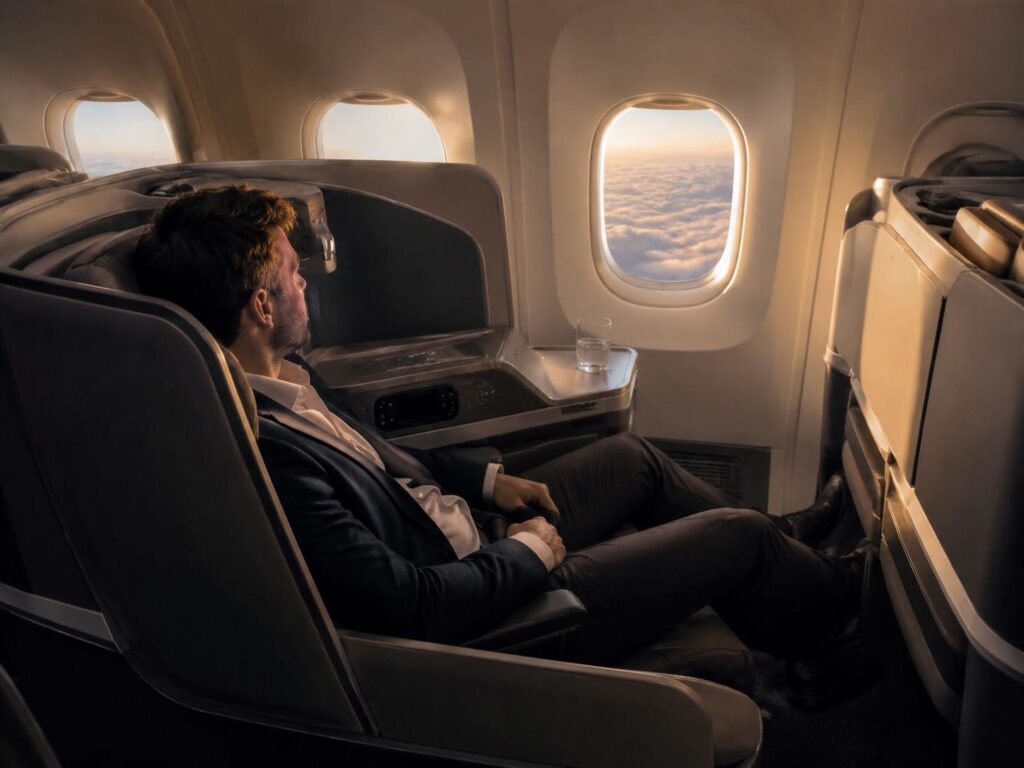 Man in a suit relaxing in a business-class airplane seat beside a window, clouds visible outside.