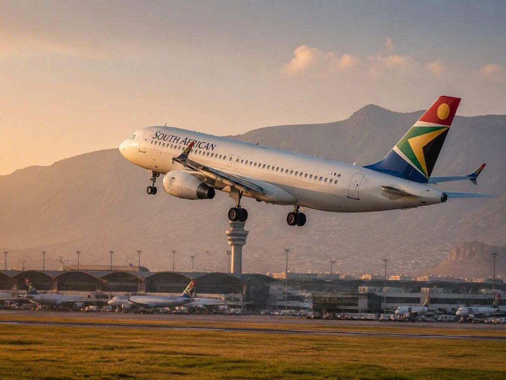 South African Airways airplane taking off from a runway at sunset with mountains in the background.