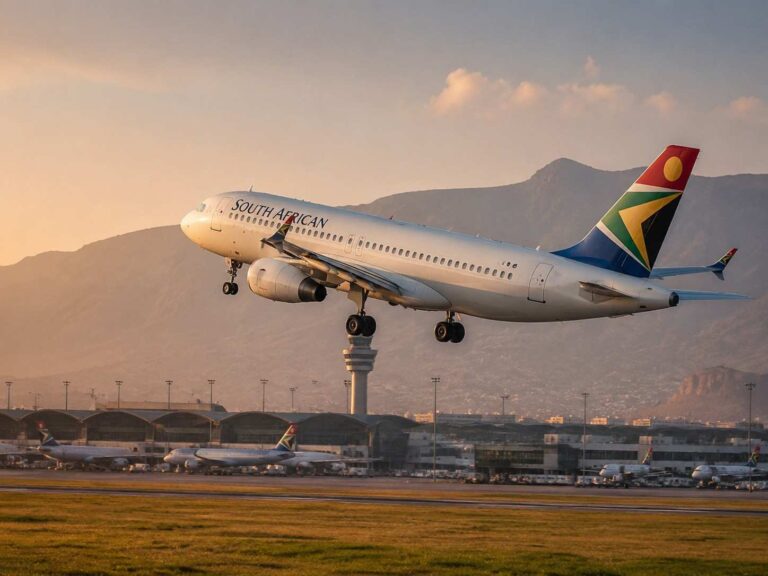 South African Airways airplane taking off from a runway at sunset with mountains in the background.