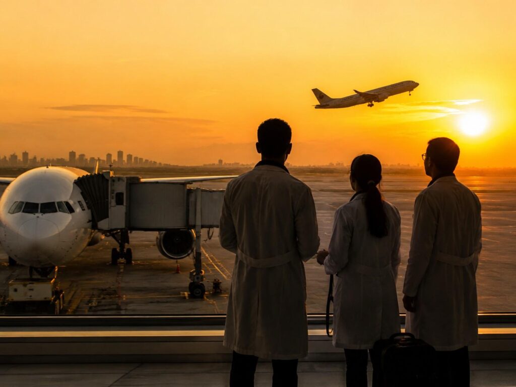 Three silhouetted staff in white coats watch a plane lift off at sunset from a terminal window.