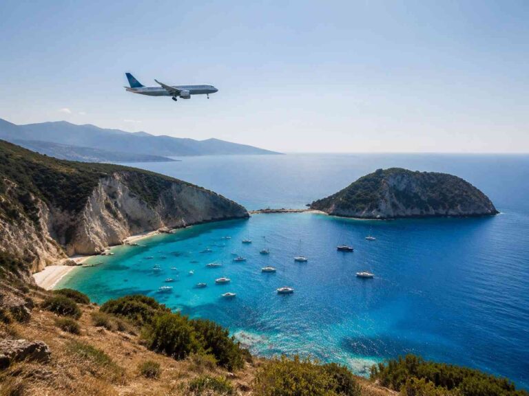 Aerial view of a turquoise cove with anchored boats, rocky cliffs on the left, and a distant island to the right, with a plane overhead.